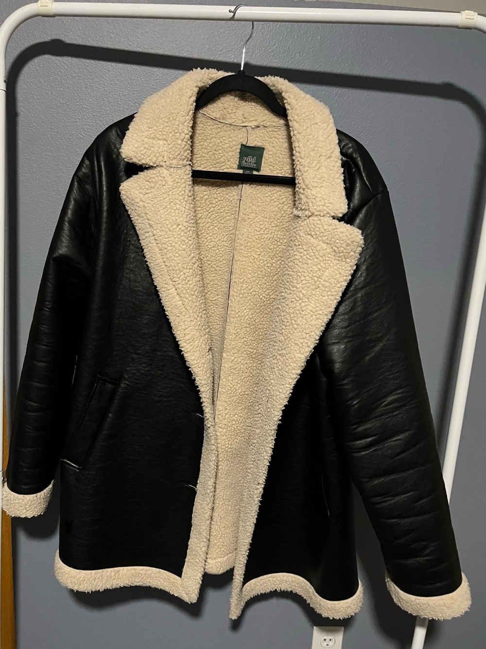 wild fable Black Faux Leather Teddy Jacket with Cream Sherpa